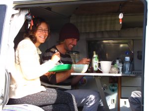 hippie vanlife, surfvan, breakfast, waiting, surf, camper