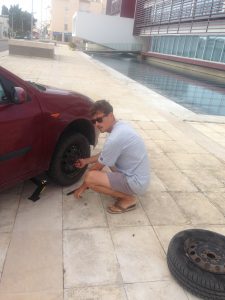 changing tire on our way to surf