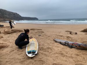 flower board surfgirls on the beach with surf guide algarve